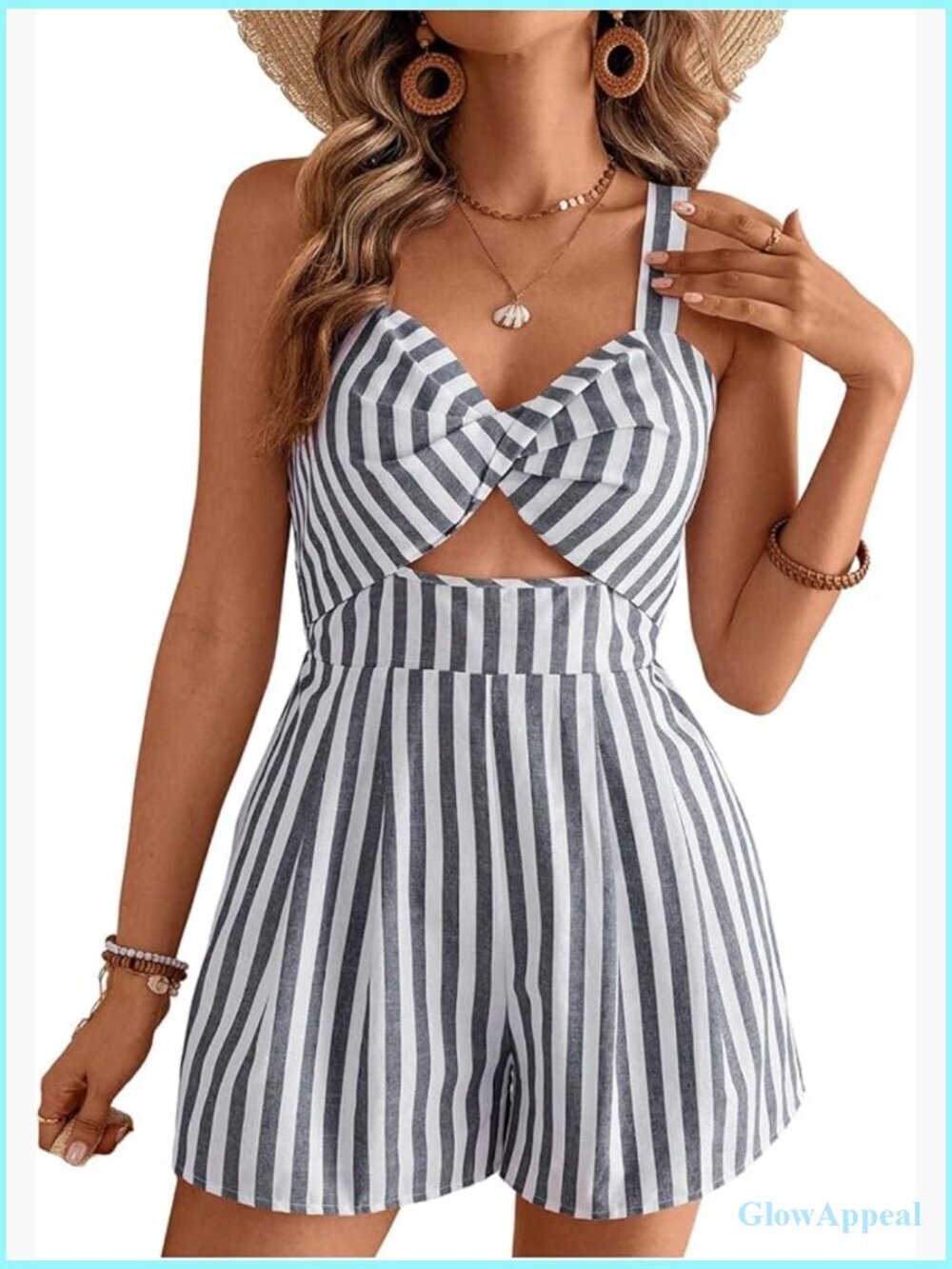 Striped Twist Front Cut Out Jumpsuit Romper Sleeveless Loose Fit